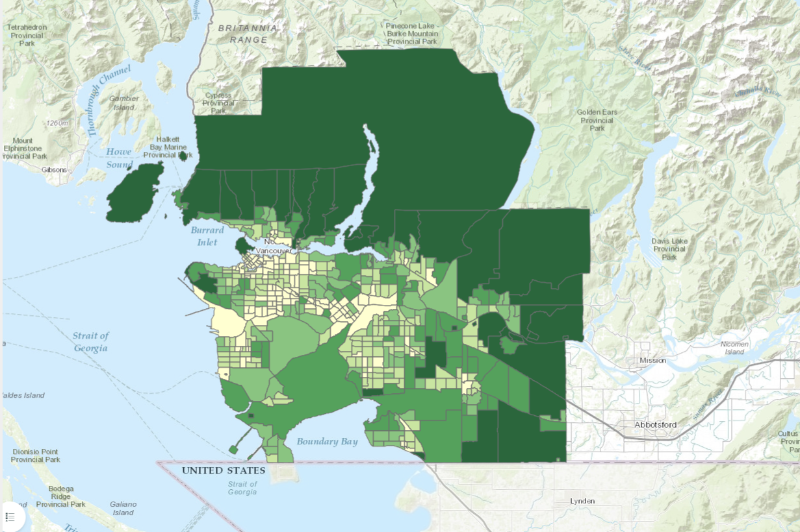 Percent green space by Census Tract in Metro Vancouver, BC